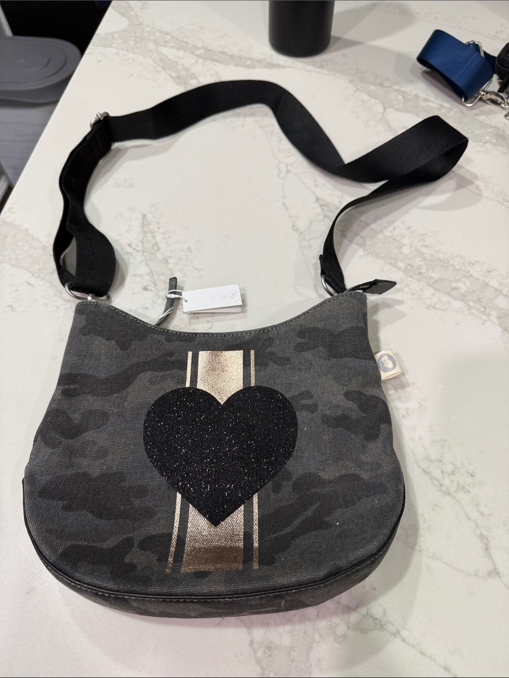 Gray Camo Crossbody Bag with Black Glitter Heart and Gold Stripe